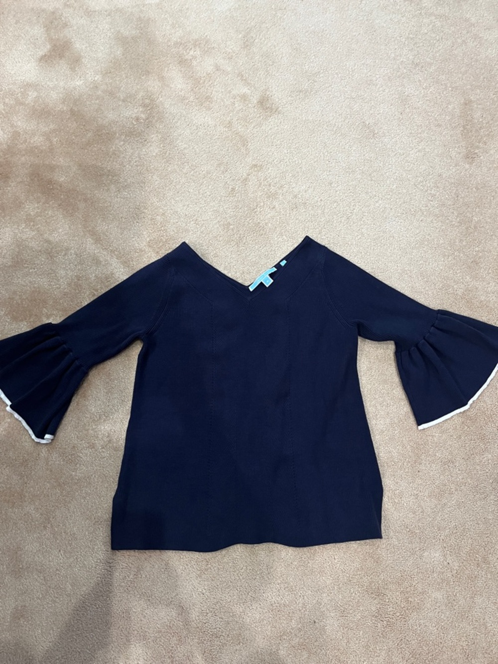Draper James Navy V-Neck Bell Sleeve Top with White Edge